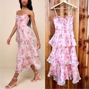 Pastel Pink Floral Sleeveless Ruffle Tiered Midi Dress 🌿